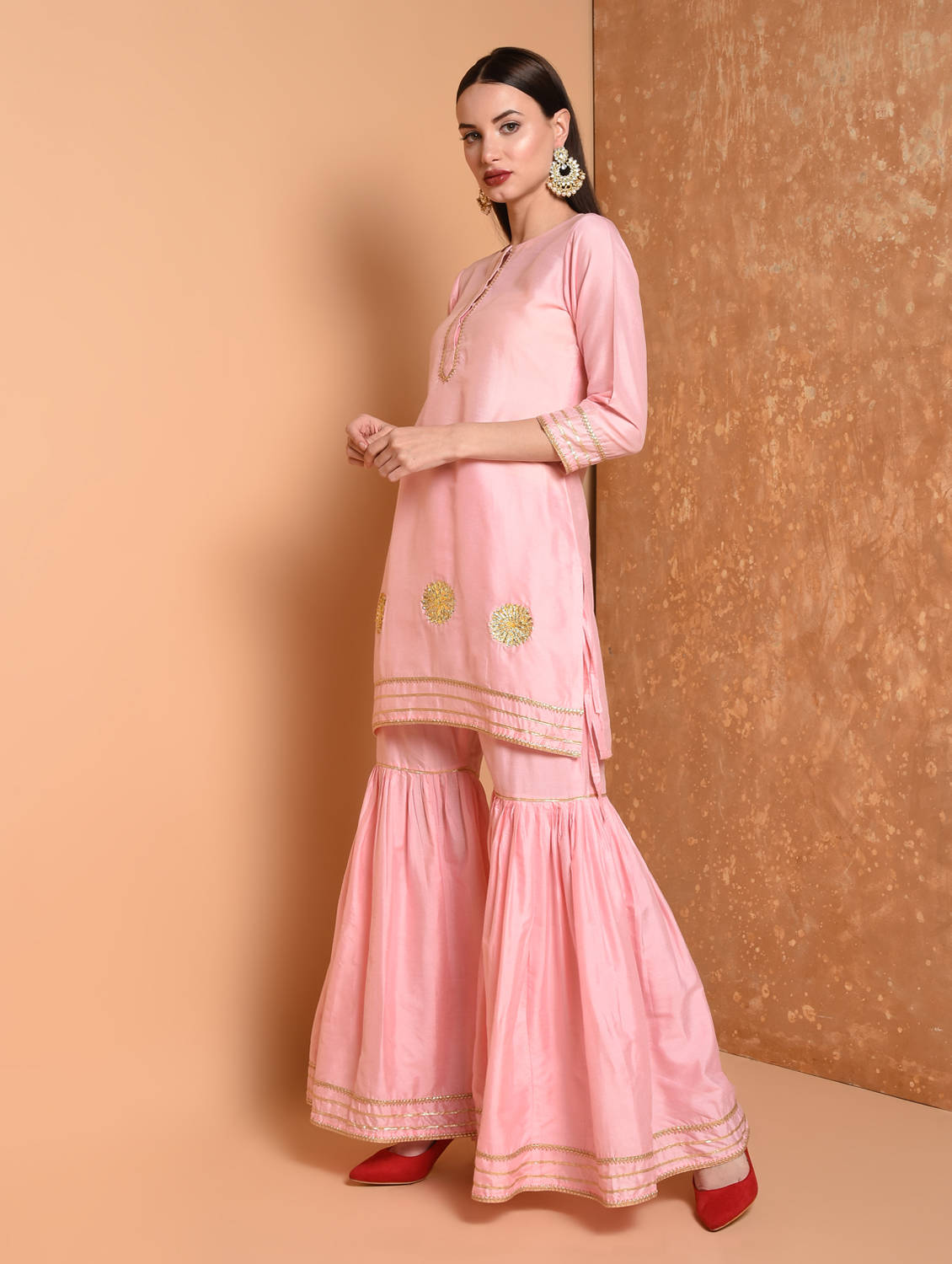 Kaanchie Nanggia Pink Gota Work Kurta And Sharara With Dupatta (Set of 3)