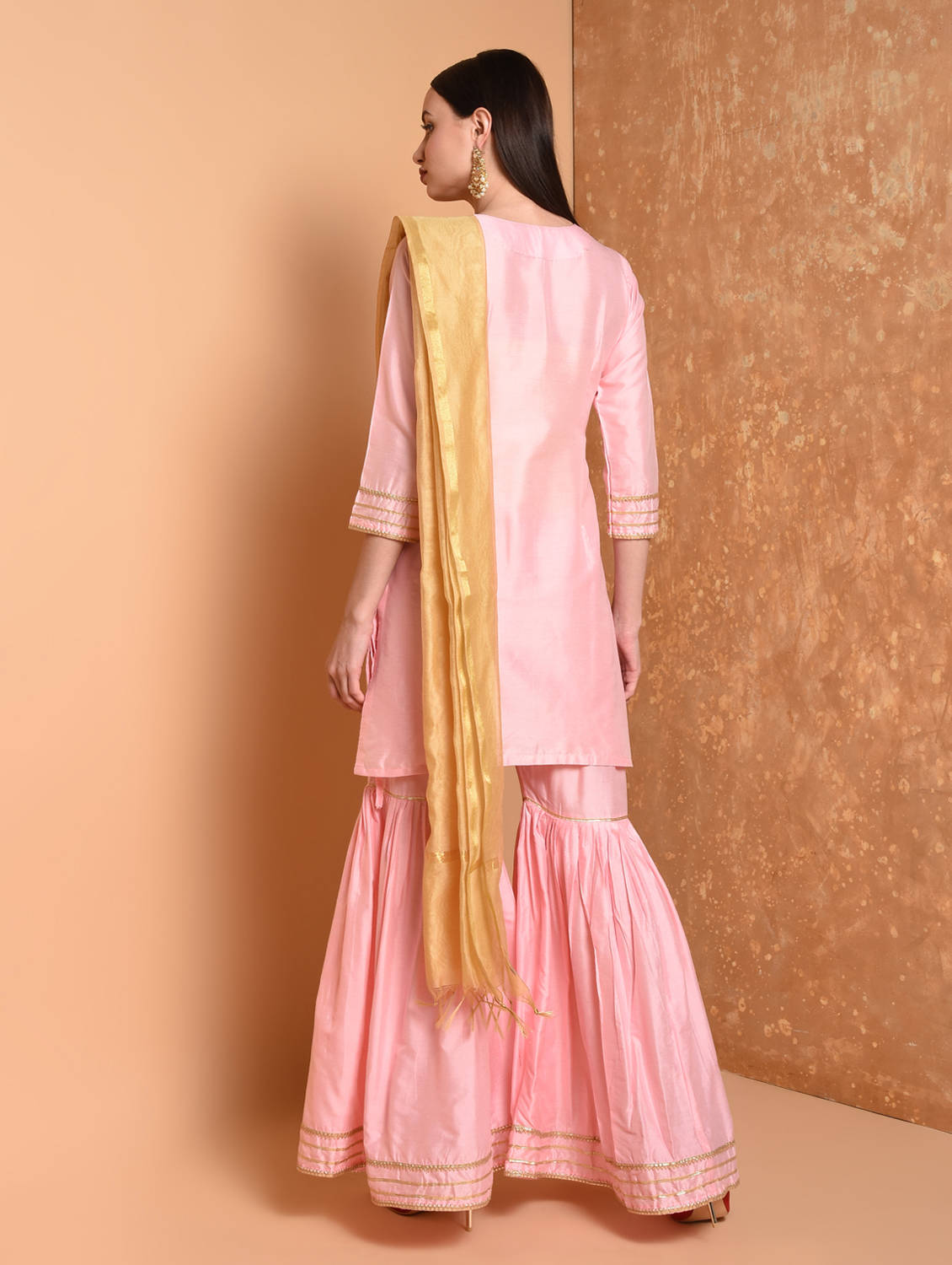 Kaanchie Nanggia Pink Gota Work Kurta And Sharara With Dupatta (Set of 3)