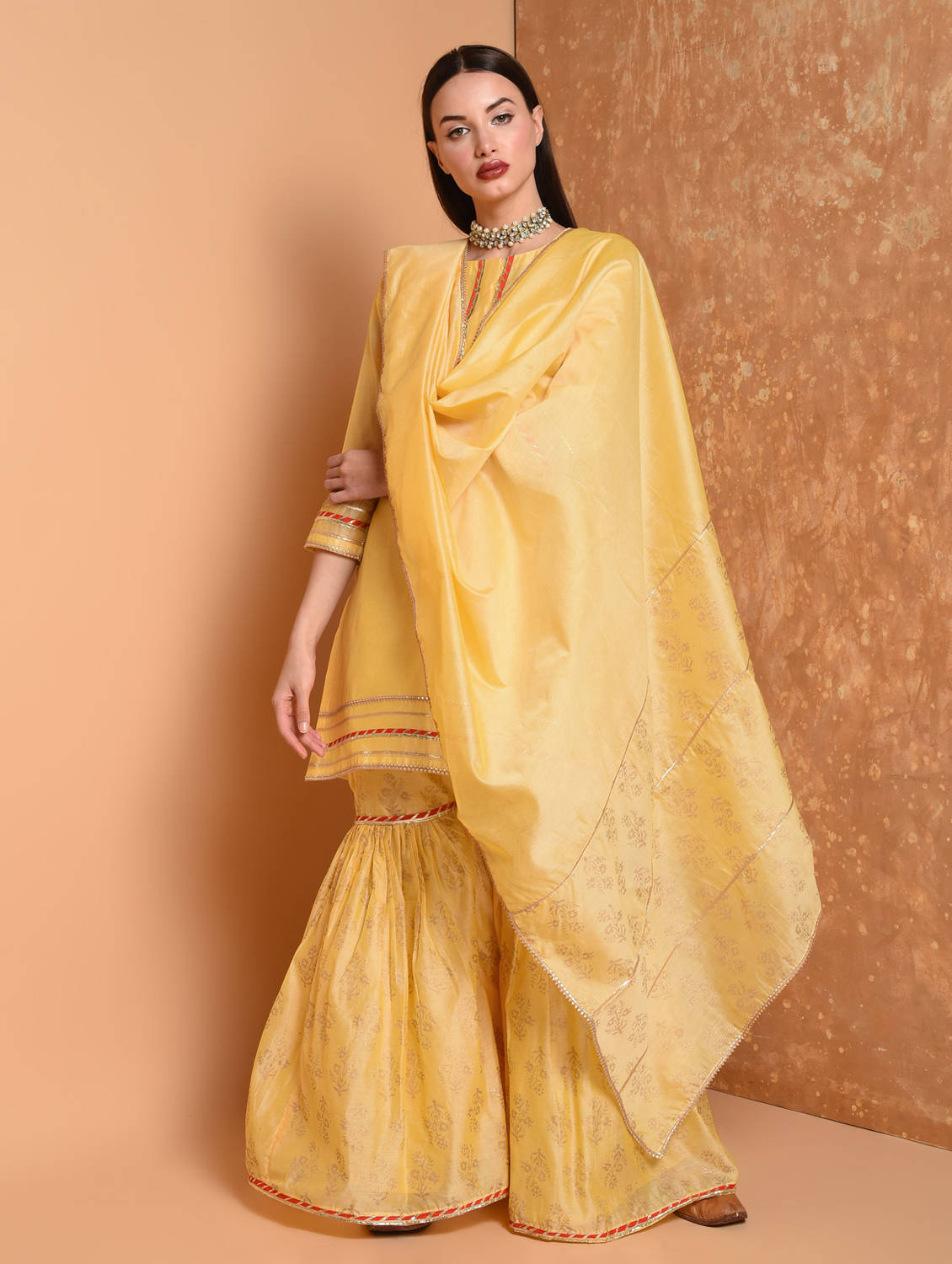 Kaanchie Nanggia Yellow Printed Kurta And Sharara With Dupatta (Set of 3)