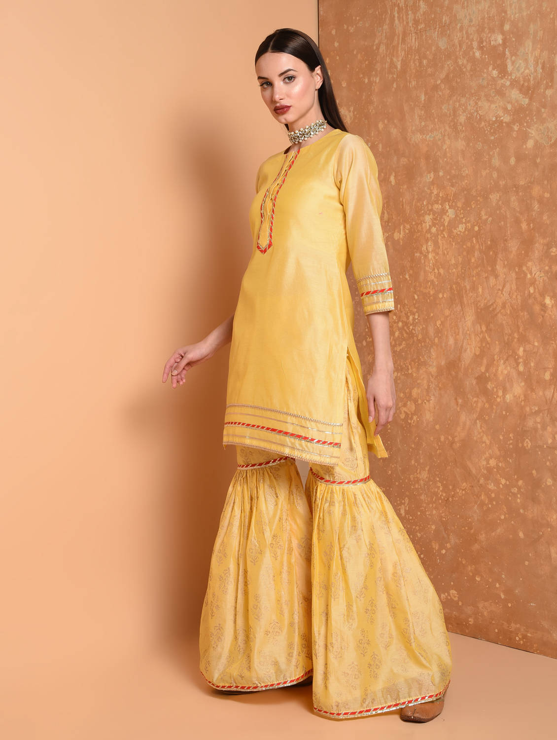 Kaanchie Nanggia Yellow Printed Kurta And Sharara With Dupatta (Set of 3)