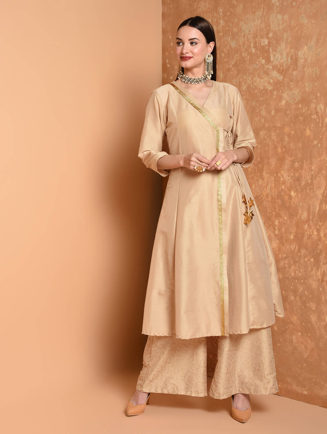 Kaanchie Nanggia Beige Printed Kurta And Palazzo (Set of 2)