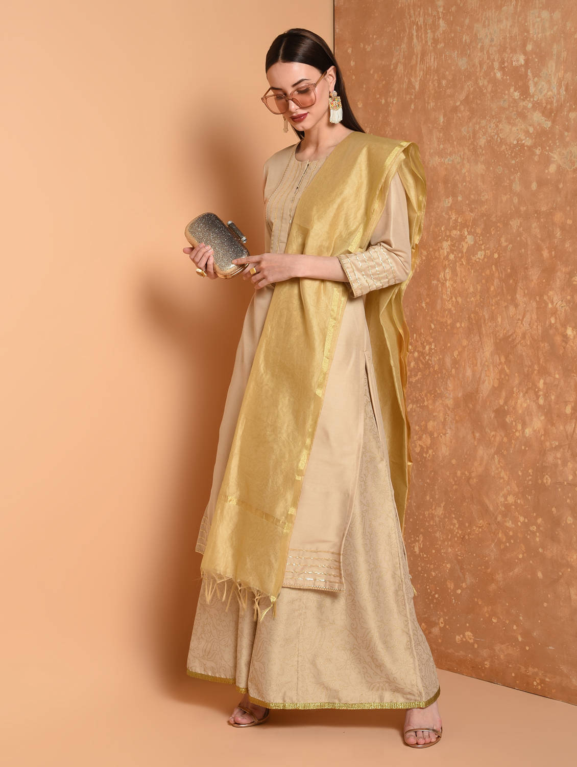 Kaanchie Nanggia Nude Printed Kurta And Palazzo With Dupatta (Set of 3)