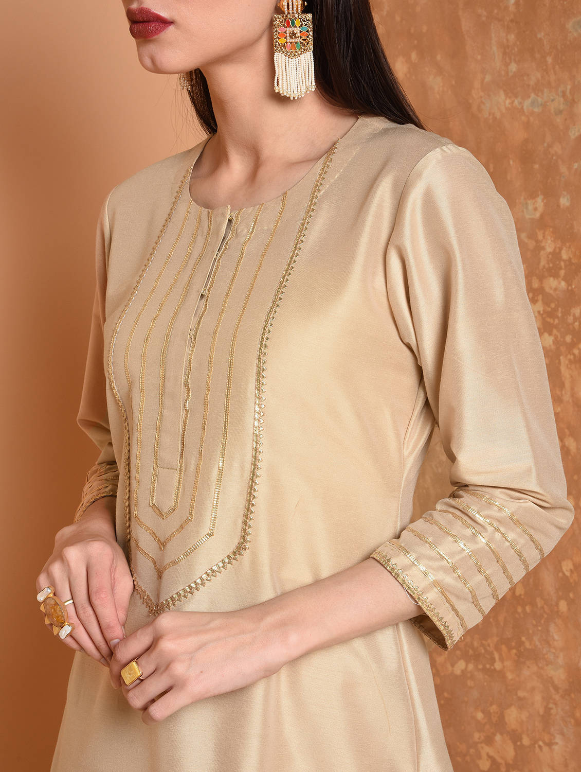 Kaanchie Nanggia Nude Printed Kurta And Palazzo With Dupatta (Set of 3)