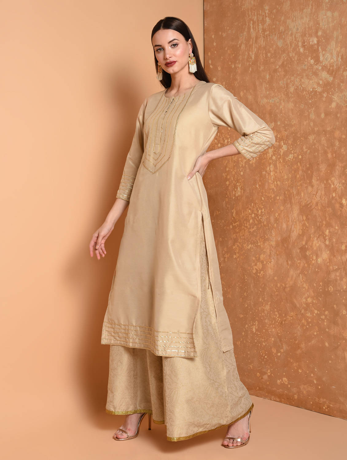 Kaanchie Nanggia Nude Printed Kurta And Palazzo With Dupatta (Set of 3)