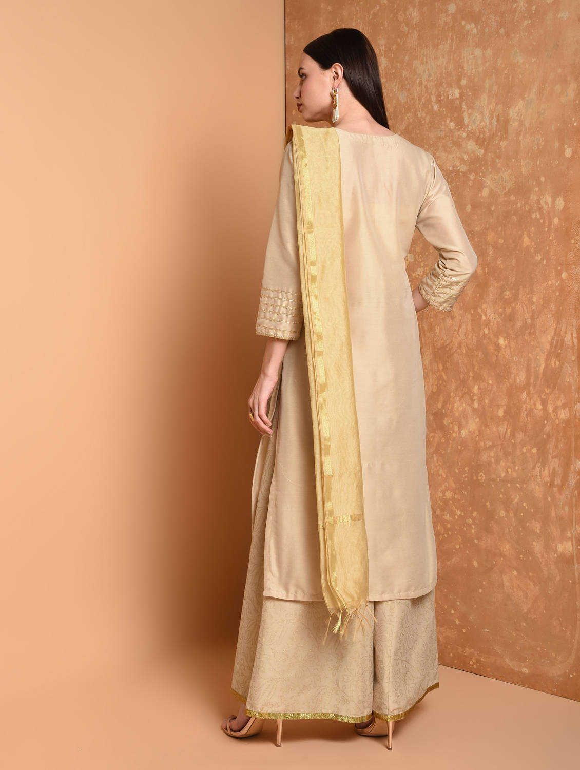 Kaanchie Nanggia Nude Printed Kurta And Palazzo With Dupatta (Set of 3)