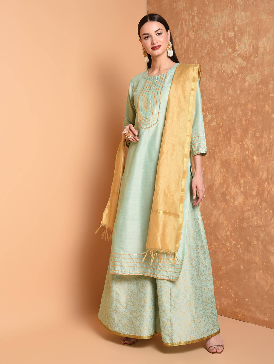 Kaanchie Nanggia Turquoise Printed Kurta And Palazzo With Dupatta (Set of 3)