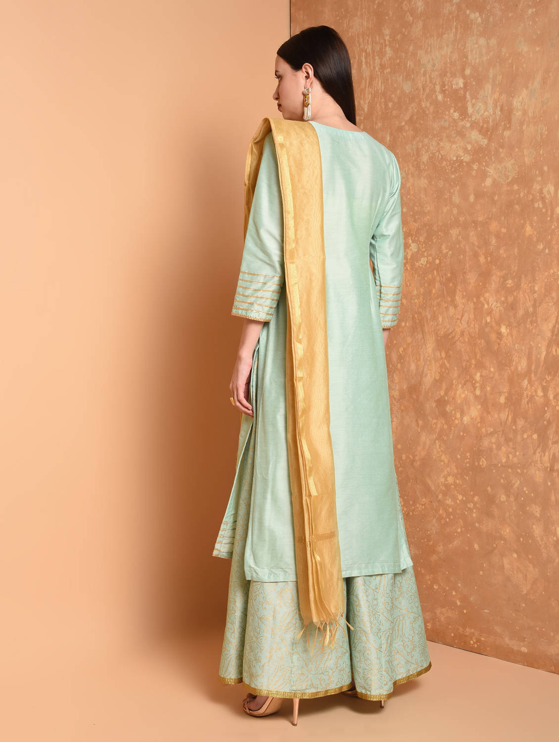 Kaanchie Nanggia Turquoise Printed Kurta And Palazzo With Dupatta (Set of 3)