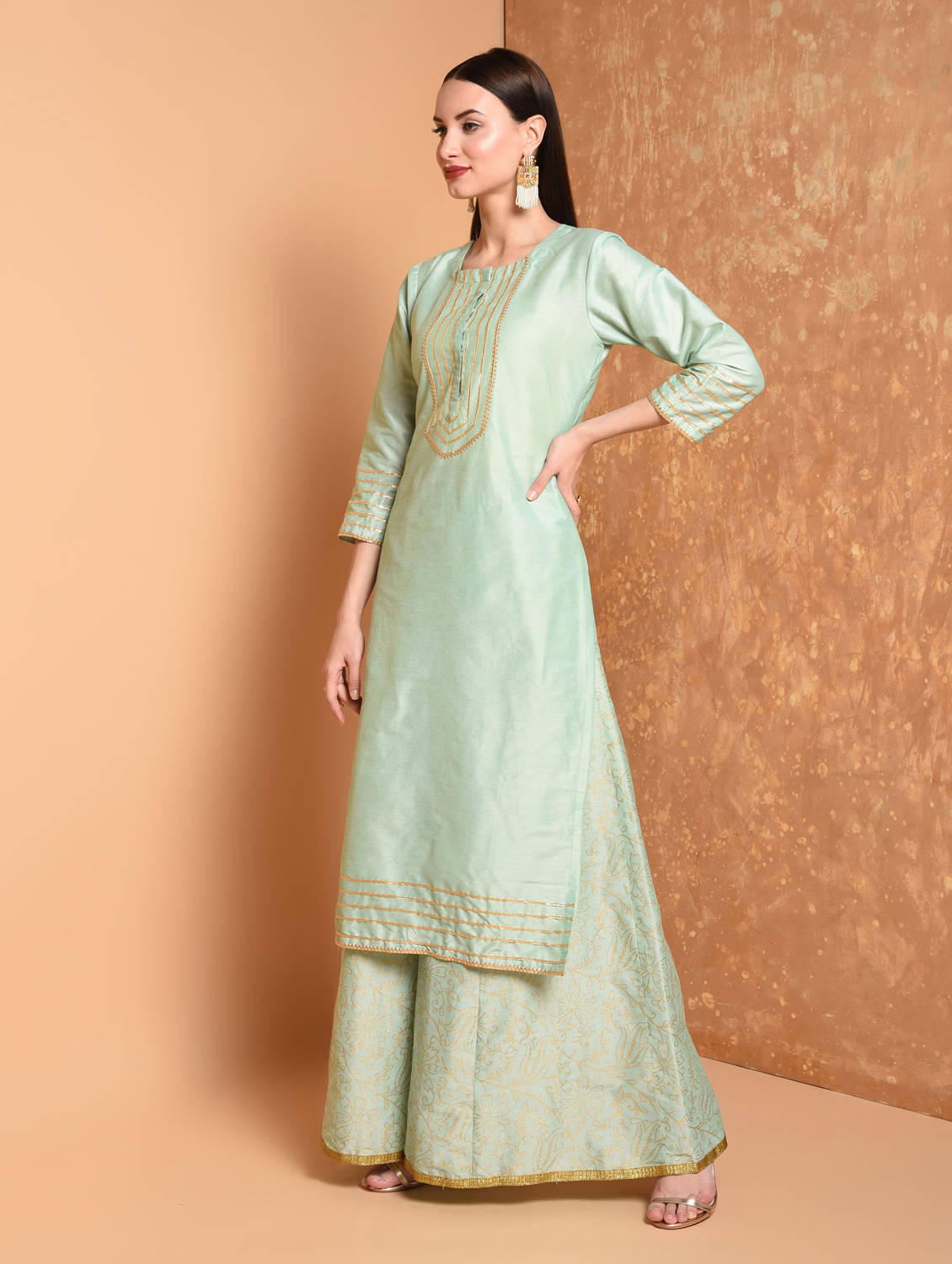 Kaanchie Nanggia Turquoise Printed Kurta And Palazzo With Dupatta (Set of 3)