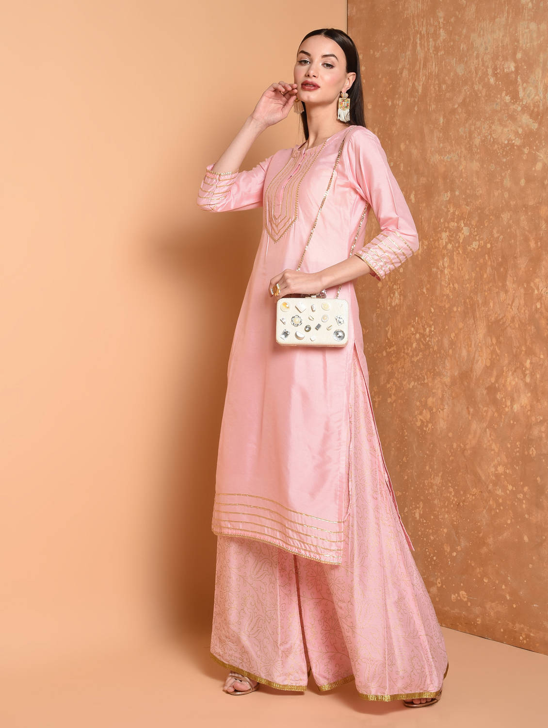 Kaanchie Nanggia Pink Printed Kurta And Palazzo (Set of 2)