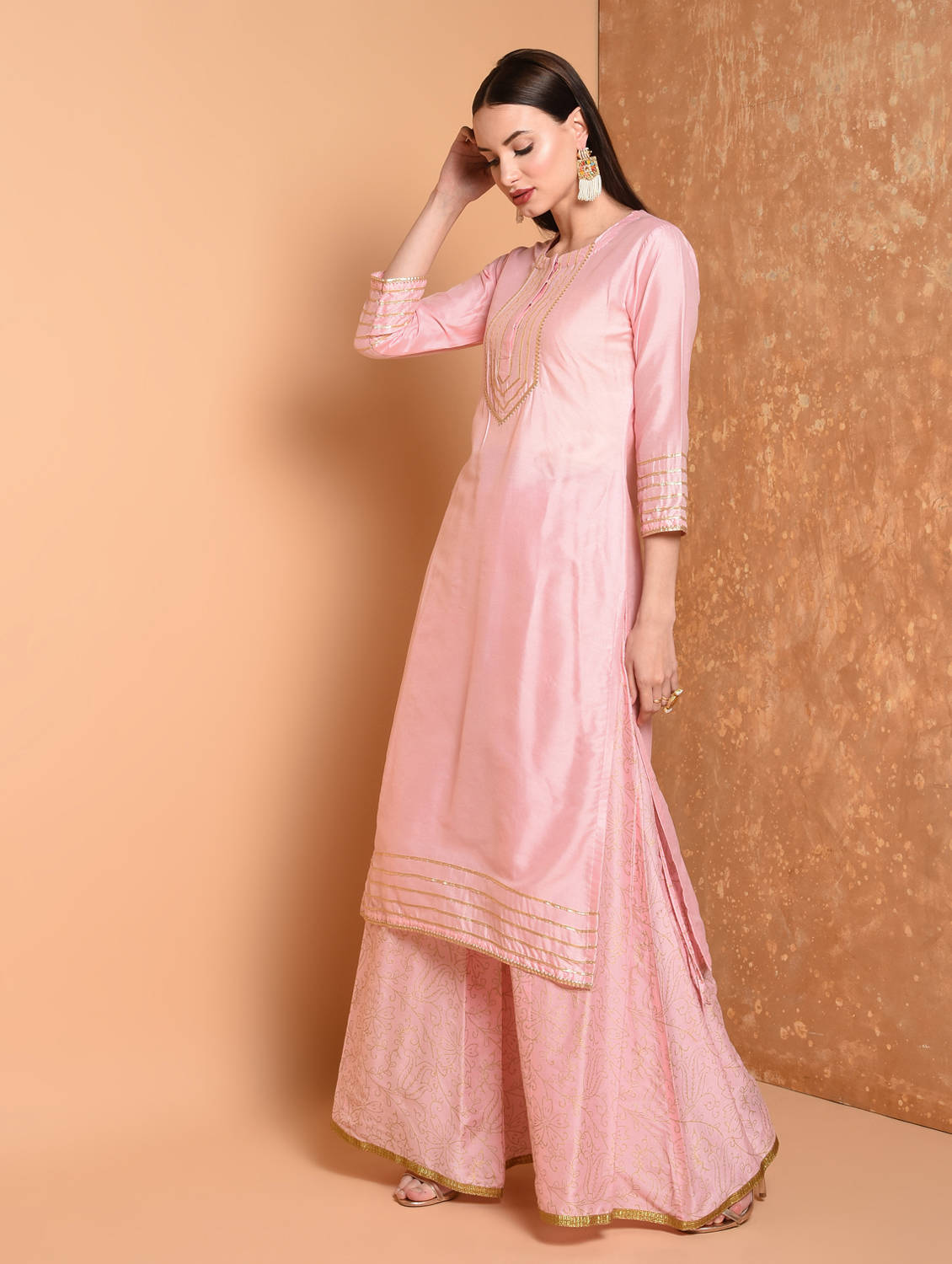 Kaanchie Nanggia Pink Printed Kurta And Palazzo (Set of 2)