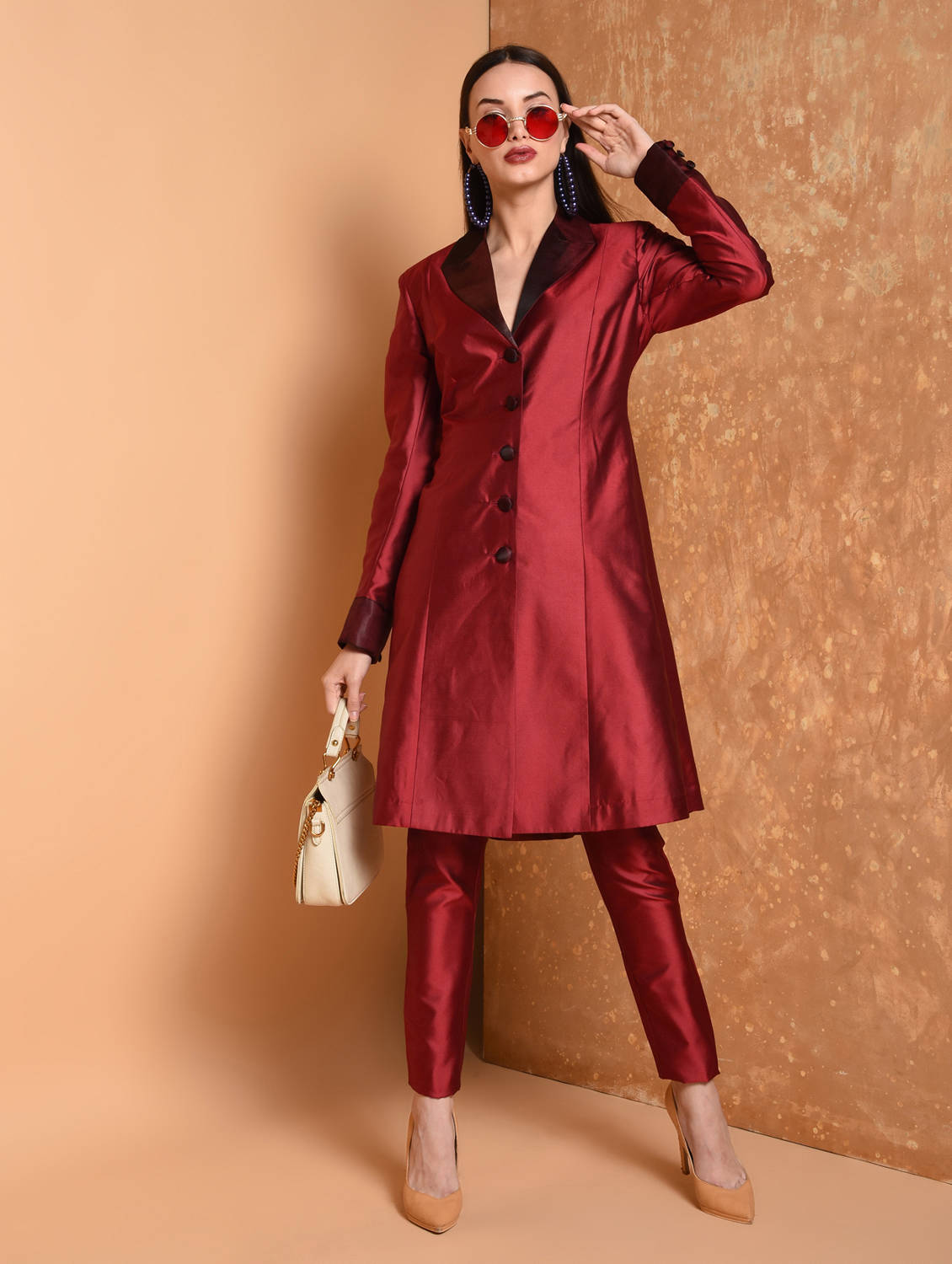 Kaanchie Nanggia Maroon Solid Jacket Kurta And Pants (Set of 2)