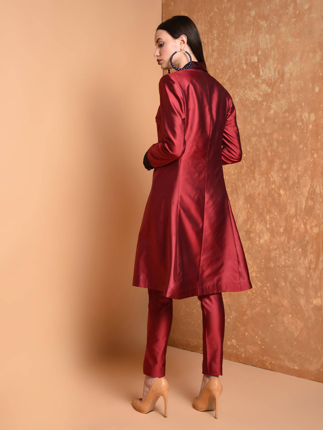 Kaanchie Nanggia Maroon Solid Jacket Kurta And Pants (Set of 2)