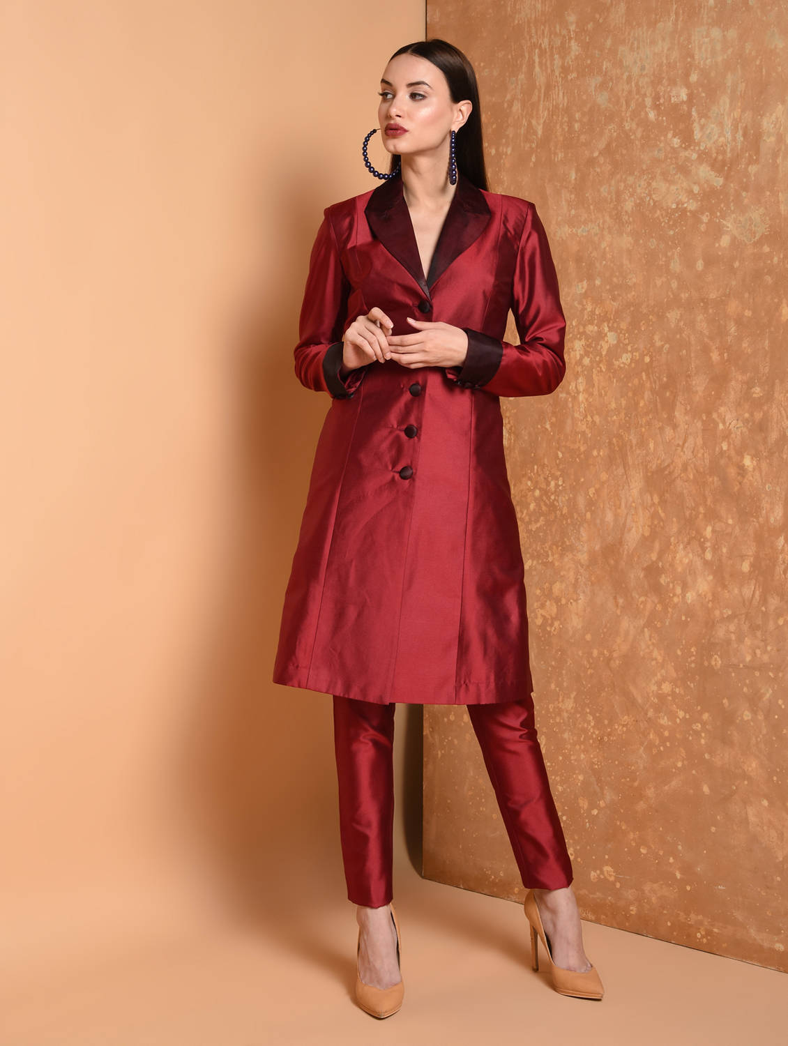 Kaanchie Nanggia Maroon Solid Jacket Kurta And Pants (Set of 2)