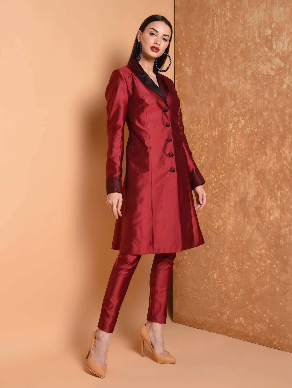 Kaanchie Nanggia Maroon Solid Jacket Kurta And Pants (Set of 2)