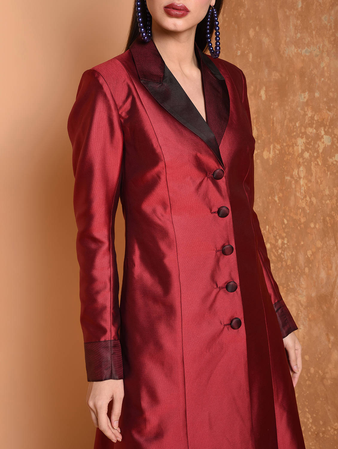 Kaanchie Nanggia Maroon Solid Jacket Kurta And Pants (Set of 2)