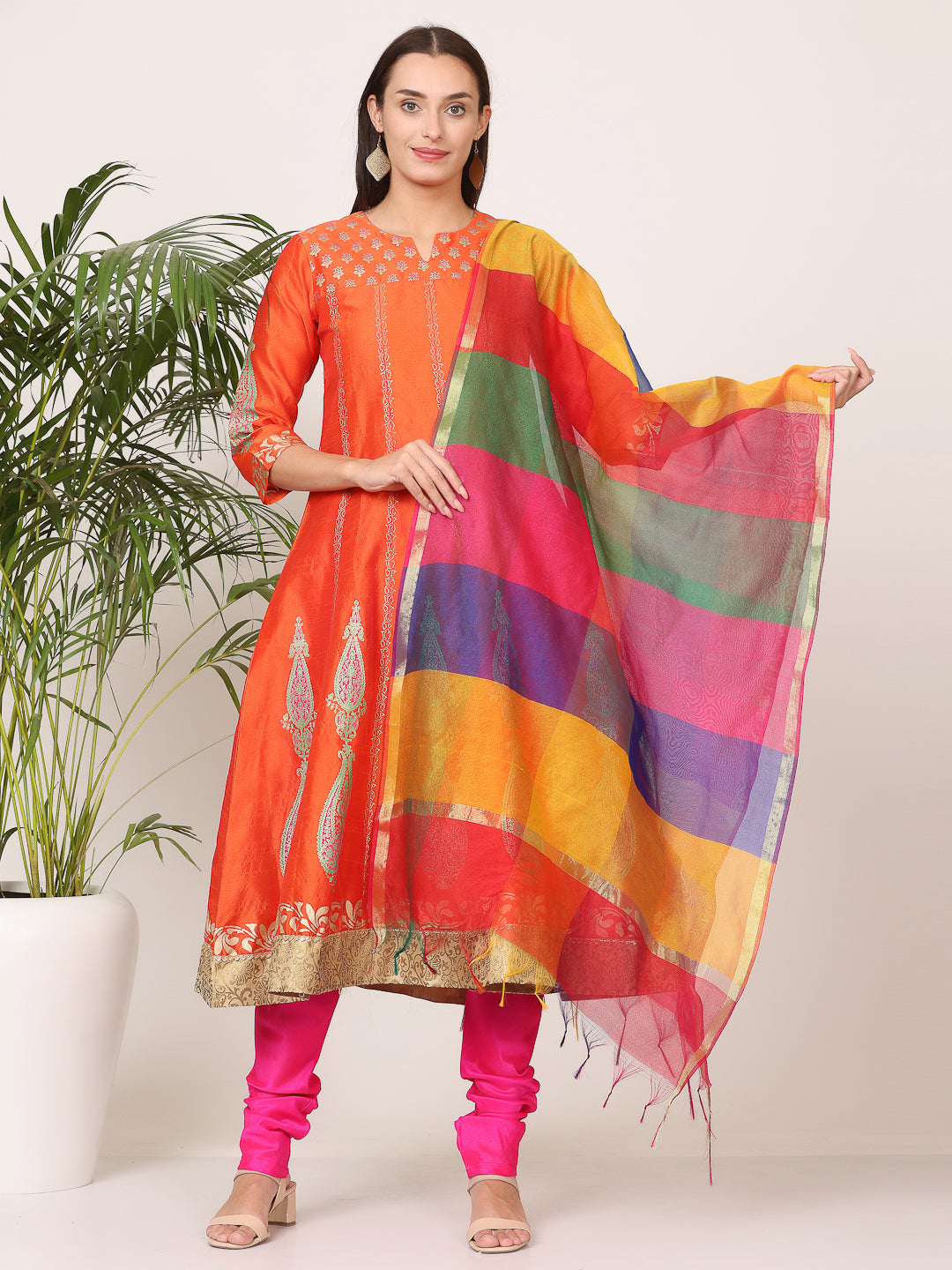 Kaanchie Nanggia Orange Silk Printed Anarkali Churidar with Dupatta (Set of 3)