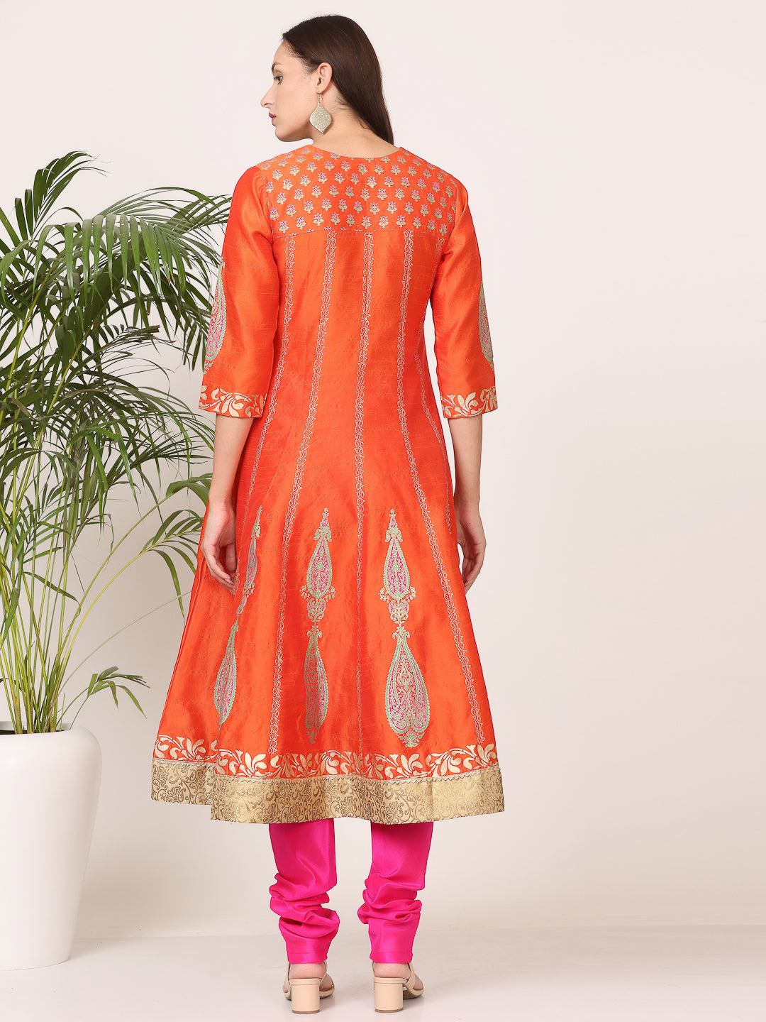 Kaanchie Nanggia Orange Silk Printed Anarkali Churidar with Dupatta (Set of 3)