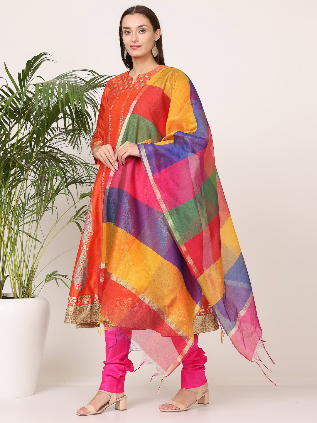 Kaanchie Nanggia Orange Silk Printed Anarkali Churidar with Dupatta (Set of 3)