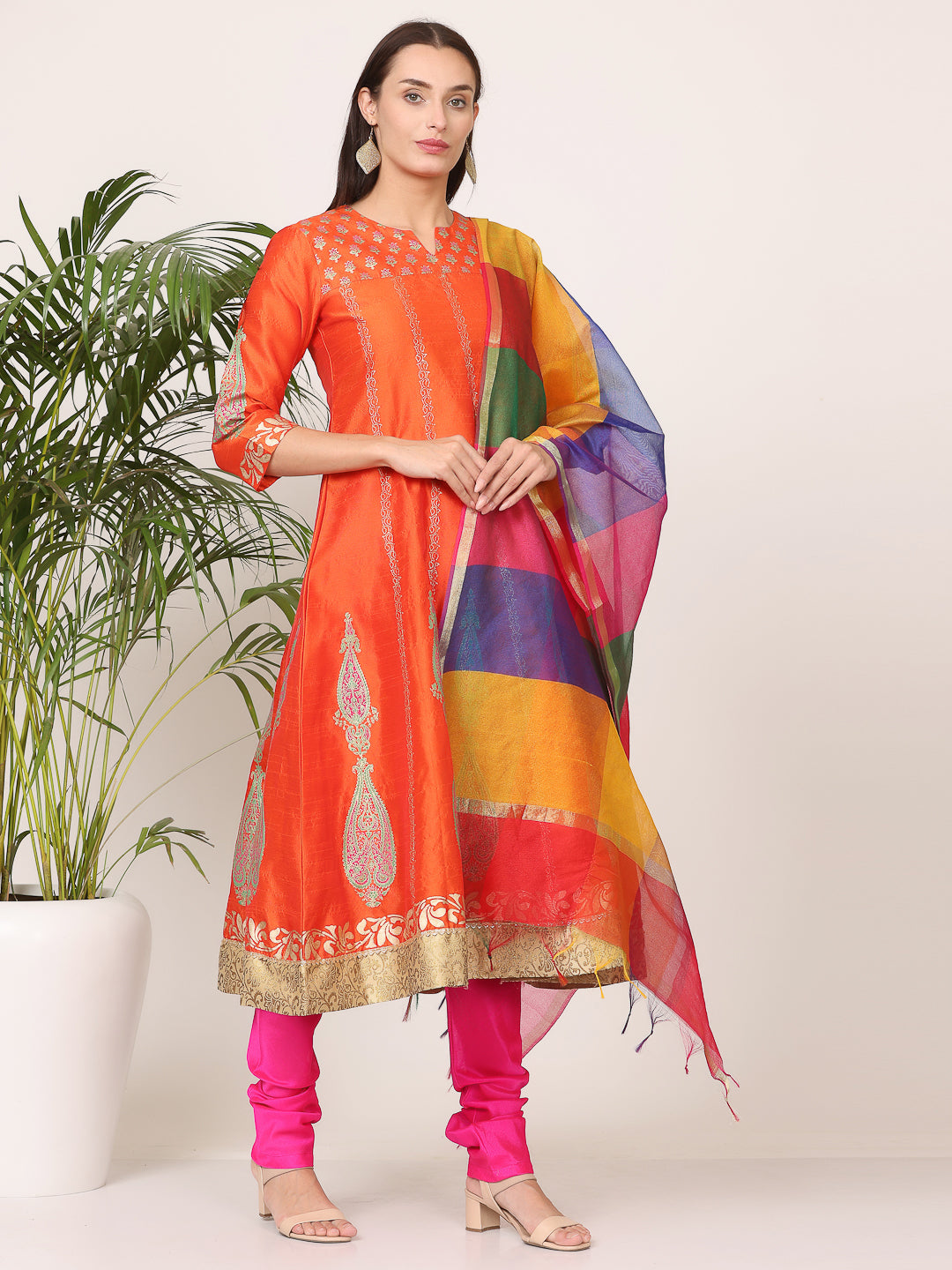 Kaanchie Nanggia Orange Silk Printed Anarkali Churidar with Dupatta (Set of 3)