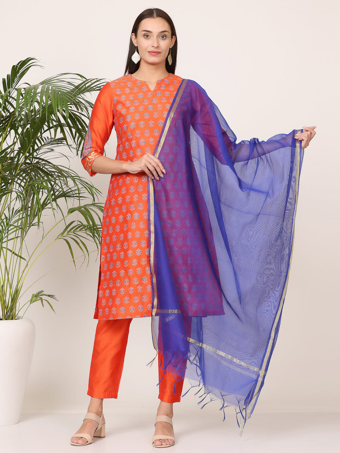 Kaanchie Nanggia Orange Silk Printed Kurta Pant with Dupatta (Set of 3)