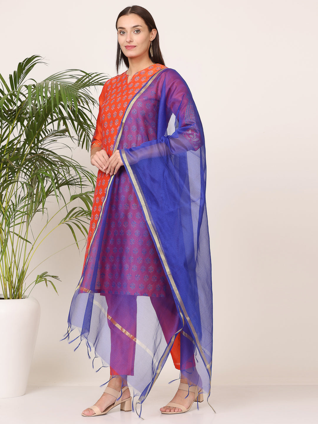 Kaanchie Nanggia Orange Silk Printed Kurta Pant with Dupatta (Set of 3)