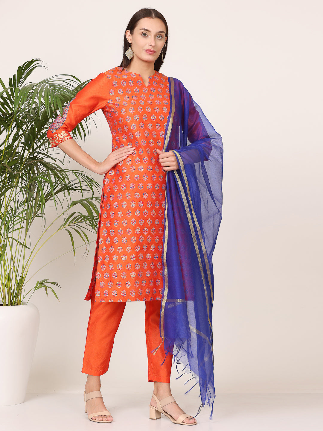 Kaanchie Nanggia Orange Silk Printed Kurta Pant with Dupatta (Set of 3)