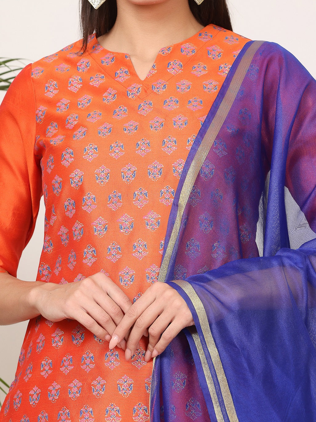 Kaanchie Nanggia Orange Silk Printed Kurta Pant with Dupatta (Set of 3)