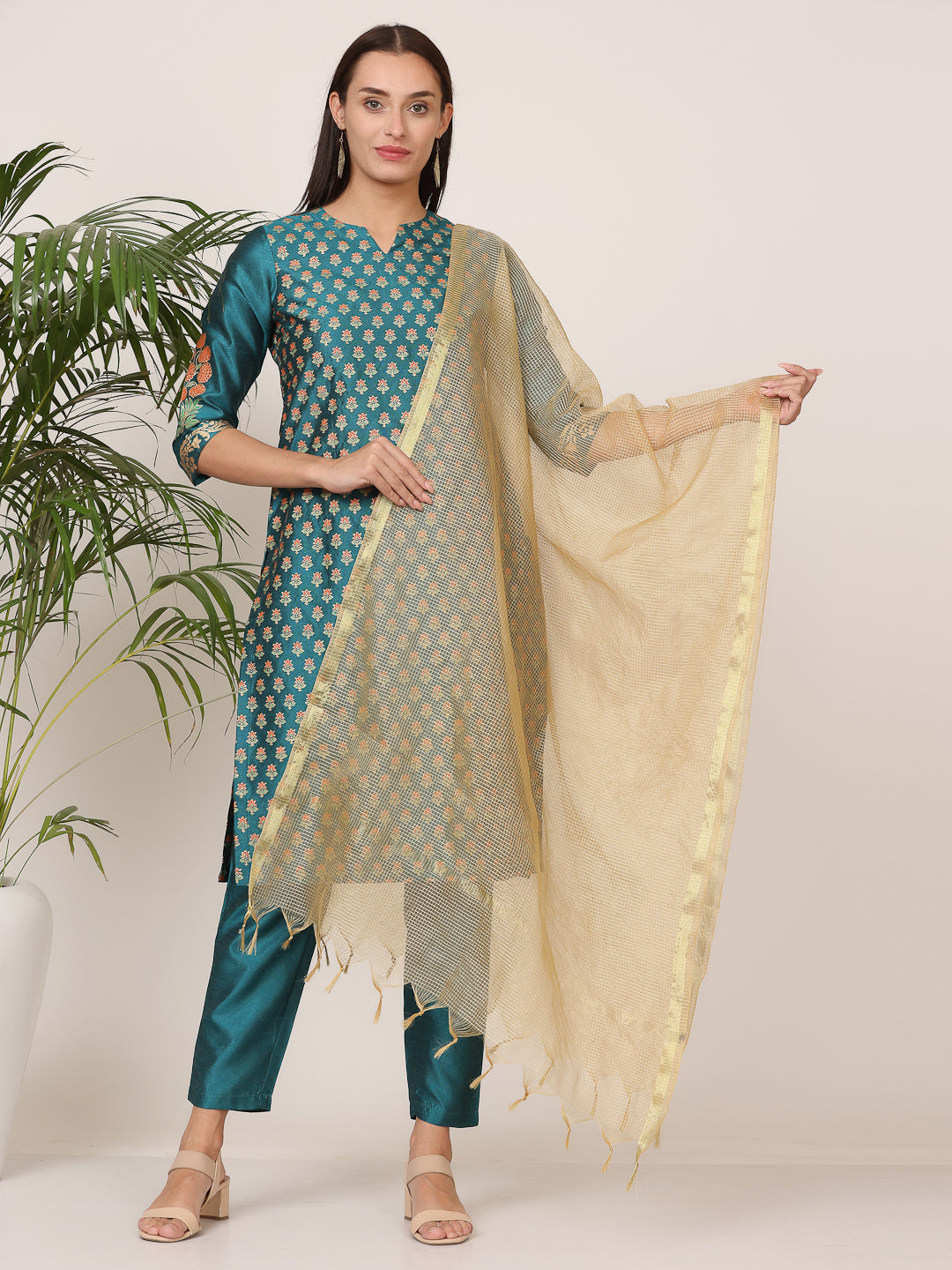 Kaanchie Nanggia Dark Green Silk Printed Kurta Pant with Dupatta (Set of 3)