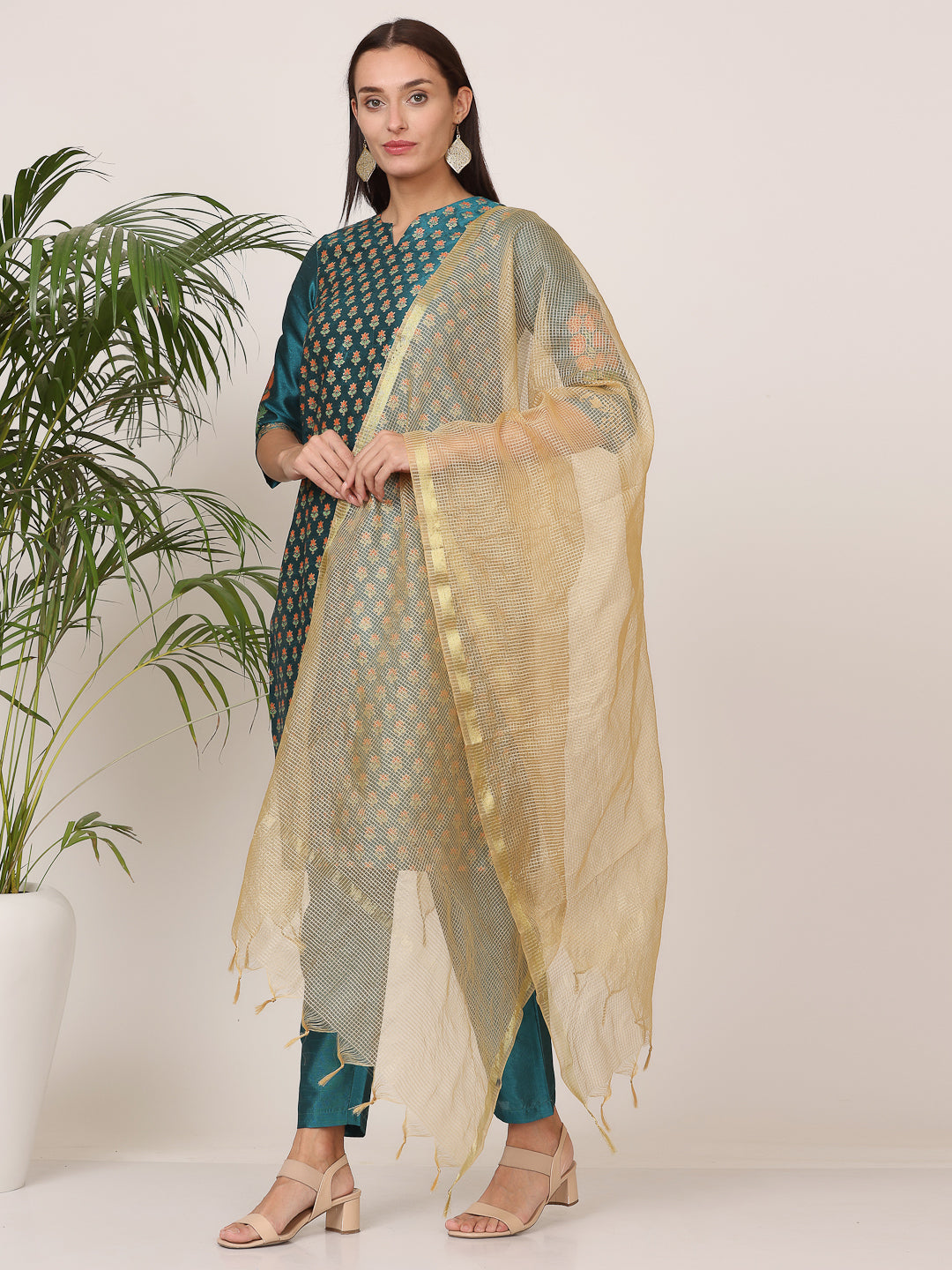 Kaanchie Nanggia Dark Green Silk Printed Kurta Pant with Dupatta (Set of 3)