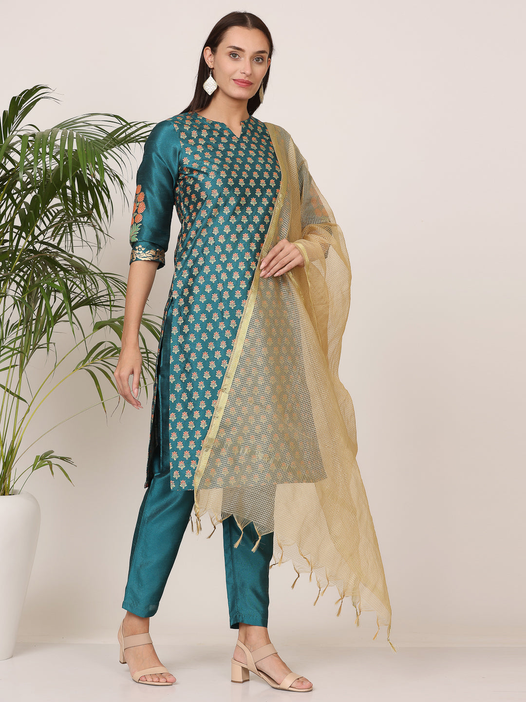 Kaanchie Nanggia Dark Green Silk Printed Kurta Pant with Dupatta (Set of 3)