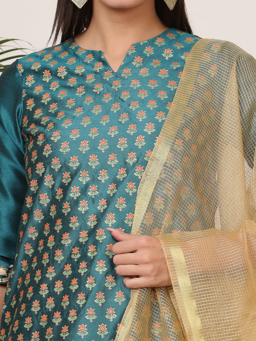 Kaanchie Nanggia Dark Green Silk Printed Kurta Pant with Dupatta (Set of 3)