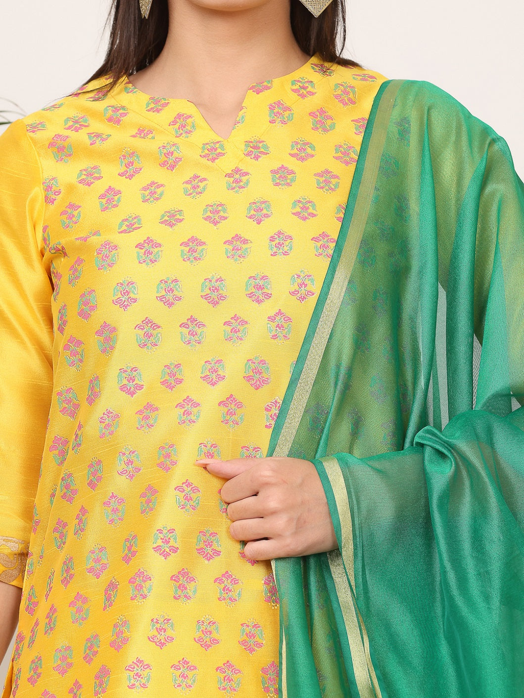 Kaanchie Nanggia Yellow Silk Printed Kurta Pant with Dupatta (Set of 3)