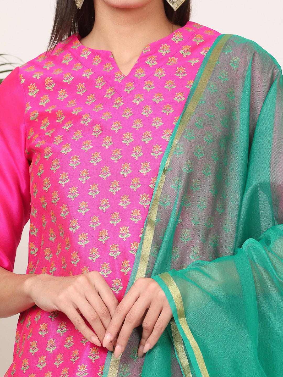 Kaanchie Nanggia Pink Silk Printed Kurta Pant with Dupatta (Set of 3)