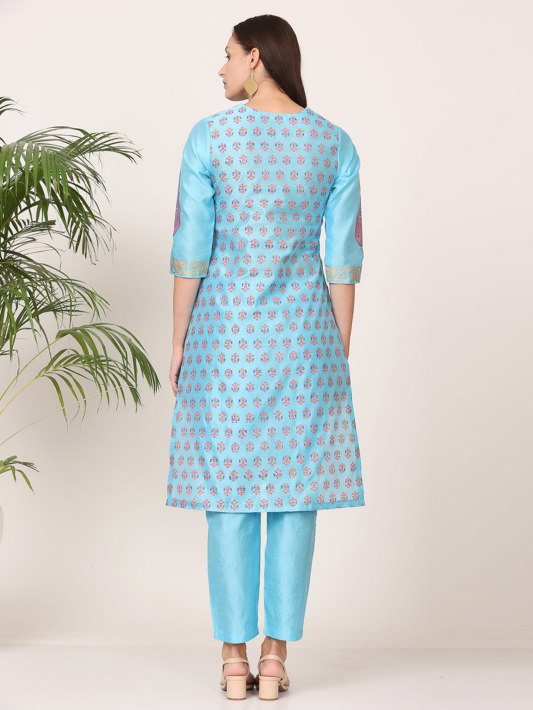 Kaanchie Nanggia Turquoise Silk Printed Kurta Pant with Dupatta (Set of 3)