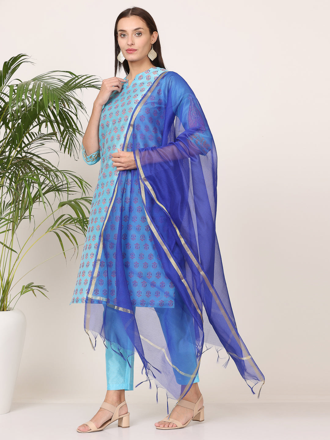 Kaanchie Nanggia Turquoise Silk Printed Kurta Pant with Dupatta (Set of 3)