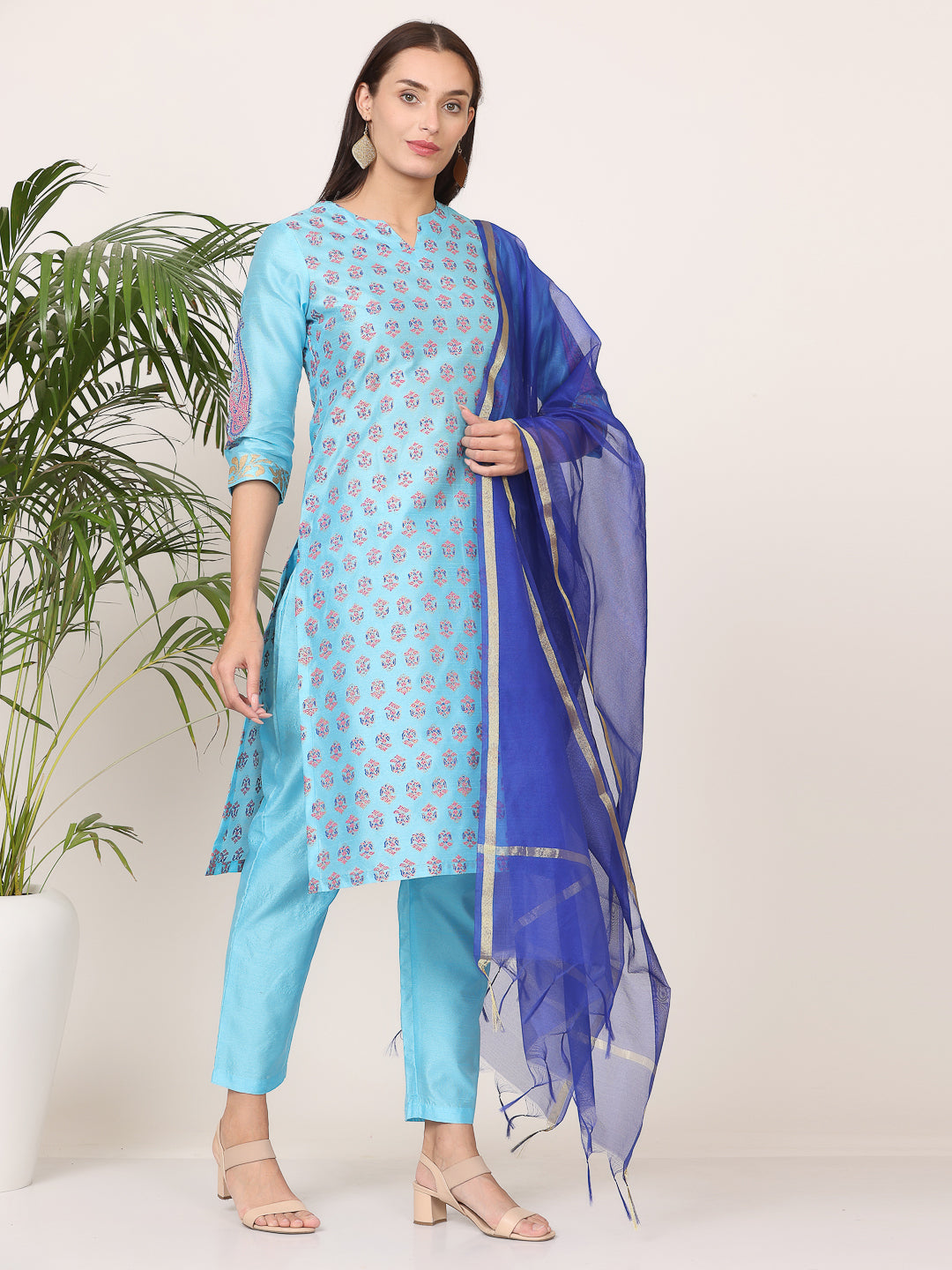 Kaanchie Nanggia Turquoise Silk Printed Kurta Pant with Dupatta (Set of 3)