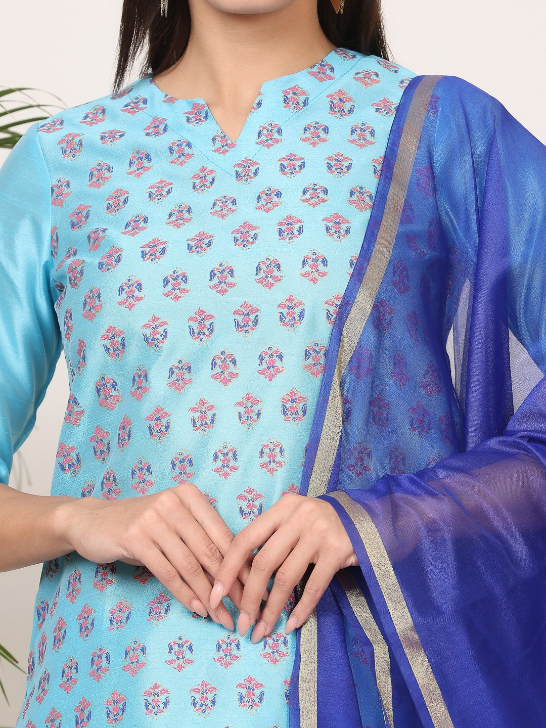 Kaanchie Nanggia Turquoise Silk Printed Kurta Pant with Dupatta (Set of 3)