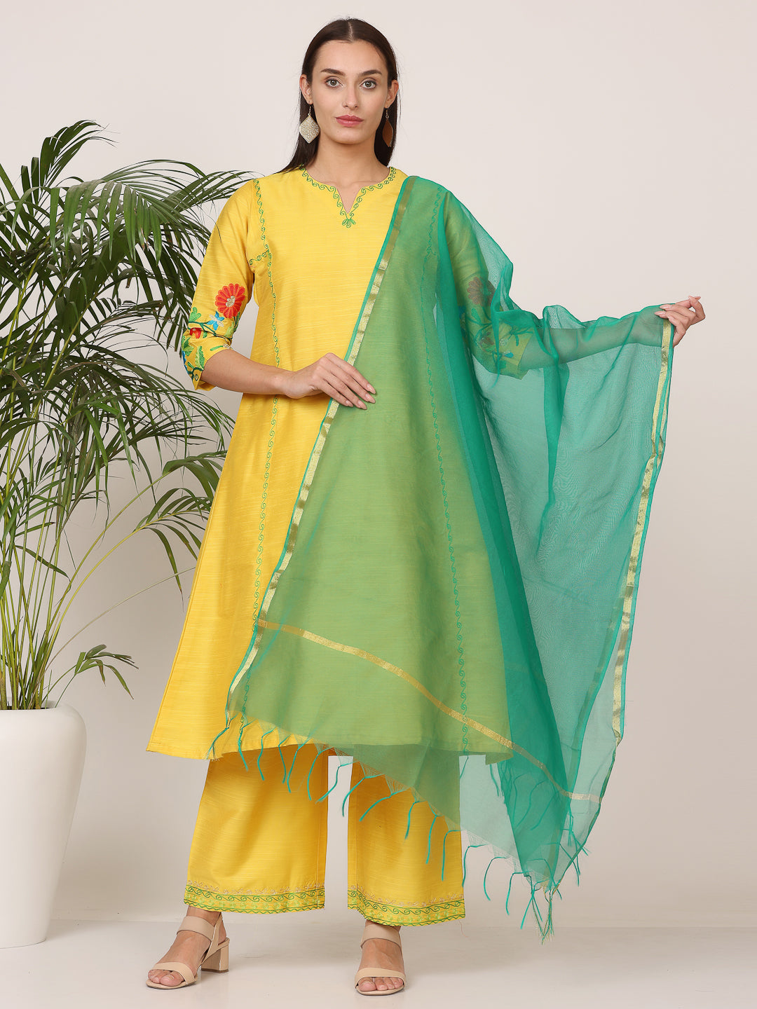 Kaanchie Nanggia Yellow Pure Silk Embroidered Flayed Kurta Palazzo with Dupatta (Set of 3)