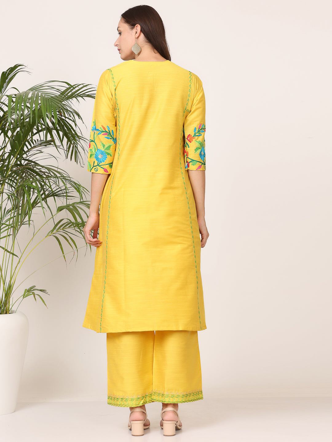 Kaanchie Nanggia Yellow Pure Silk Embroidered Flayed Kurta Palazzo with Dupatta (Set of 3)