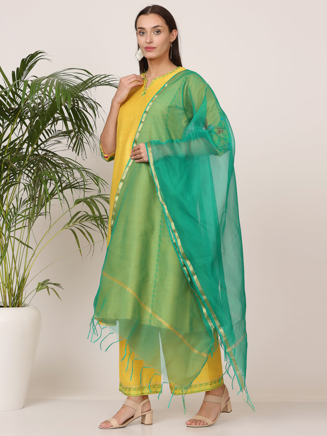 Kaanchie Nanggia Yellow Pure Silk Embroidered Flayed Kurta Palazzo with Dupatta (Set of 3)