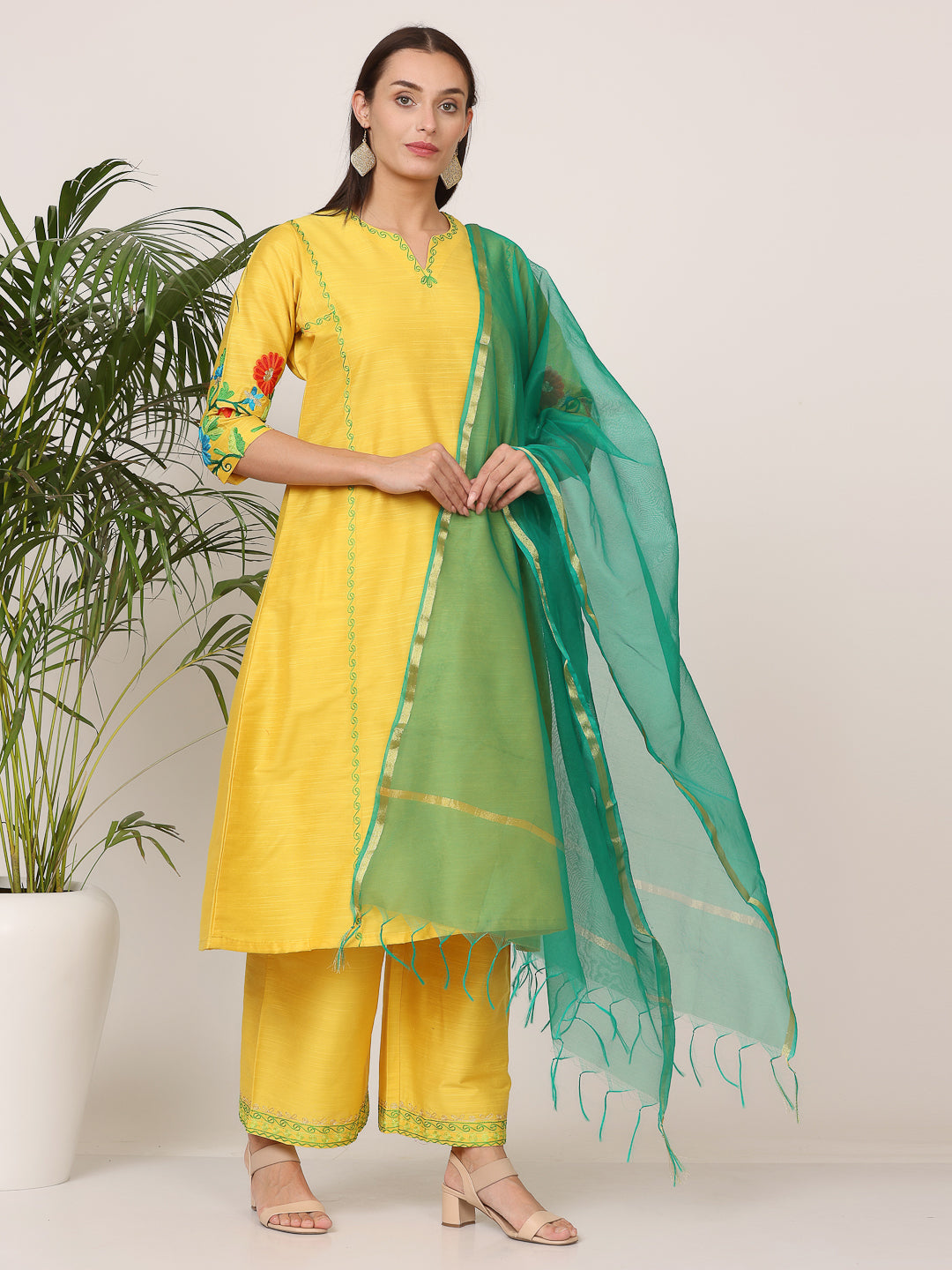 Kaanchie Nanggia Yellow Pure Silk Embroidered Flayed Kurta Palazzo with Dupatta (Set of 3)