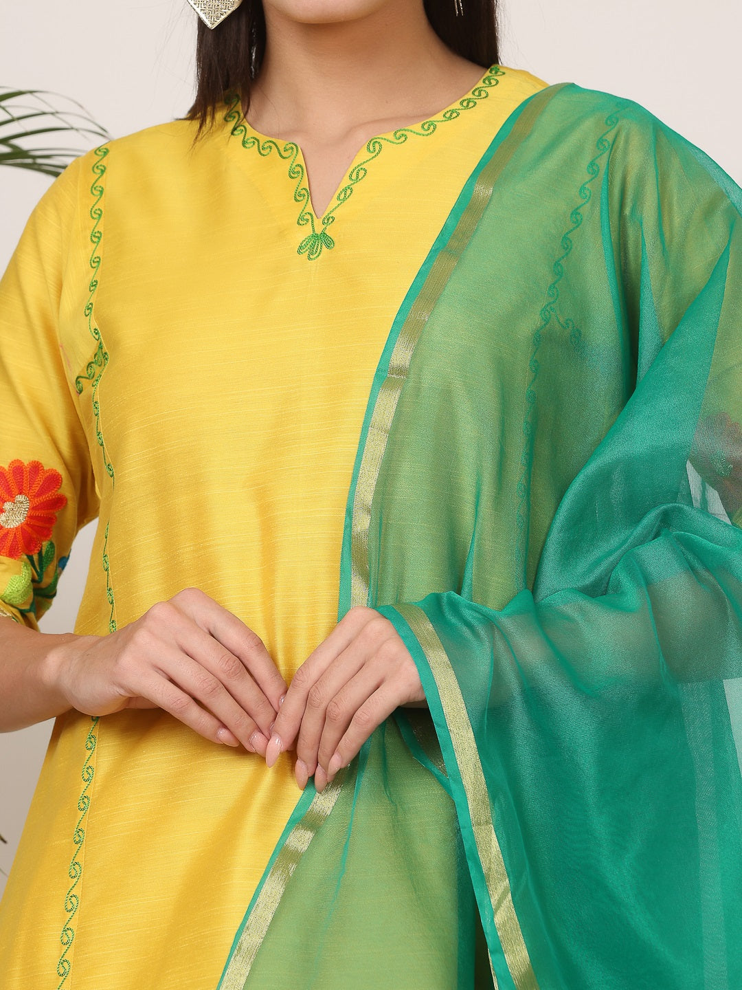 Kaanchie Nanggia Yellow Pure Silk Embroidered Flayed Kurta Palazzo with Dupatta (Set of 3)