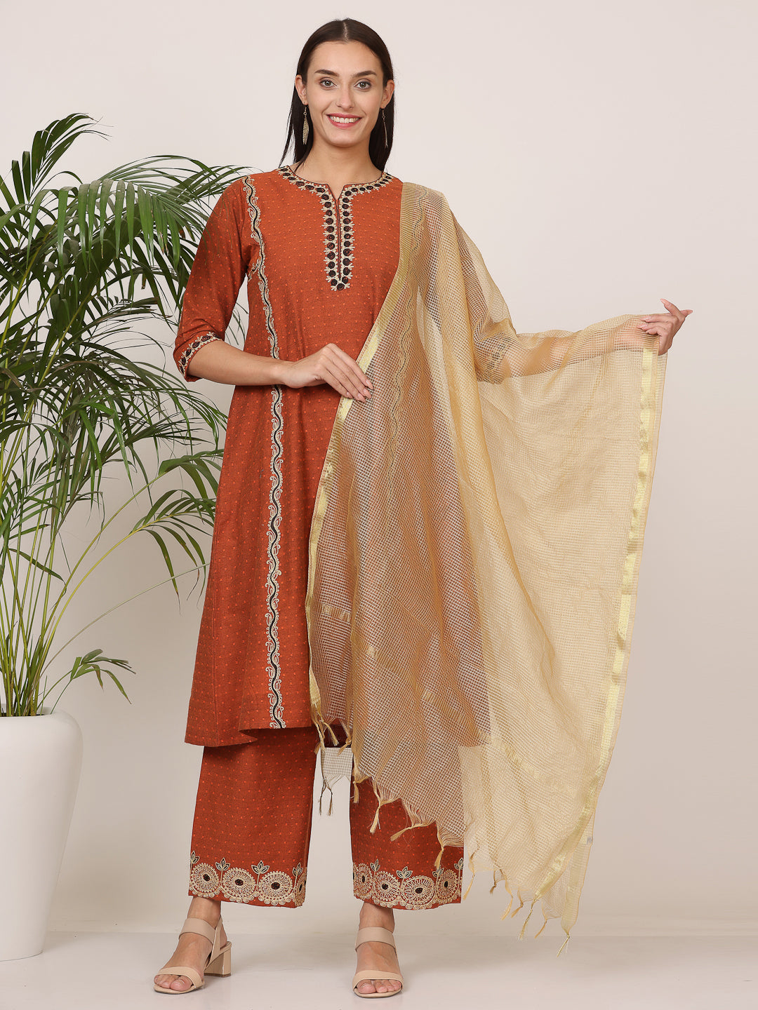 Kaanchie Nanggia Orange Pure Silk Embroidered Flayed Kurta Palazzo with Dupatta (Set of 3)
