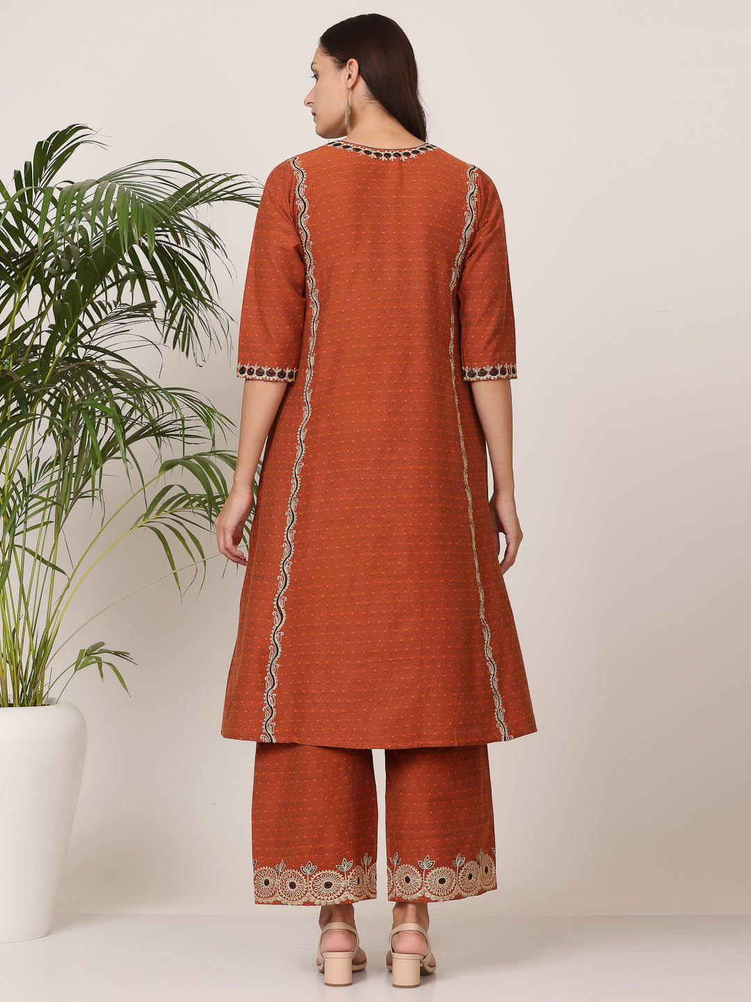 Kaanchie Nanggia Orange Pure Silk Embroidered Flayed Kurta Palazzo with Dupatta (Set of 3)