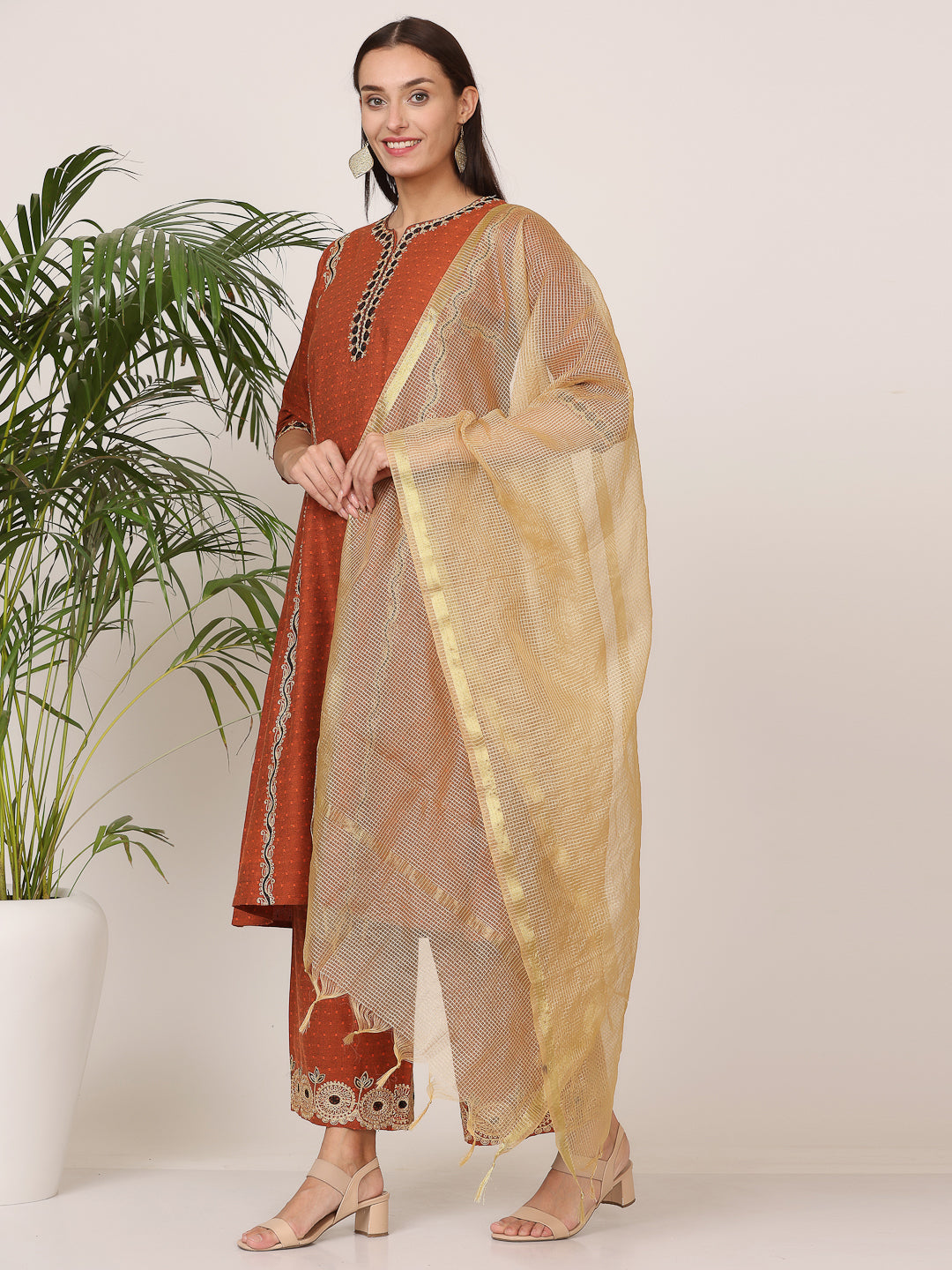 Kaanchie Nanggia Orange Pure Silk Embroidered Flayed Kurta Palazzo with Dupatta (Set of 3)