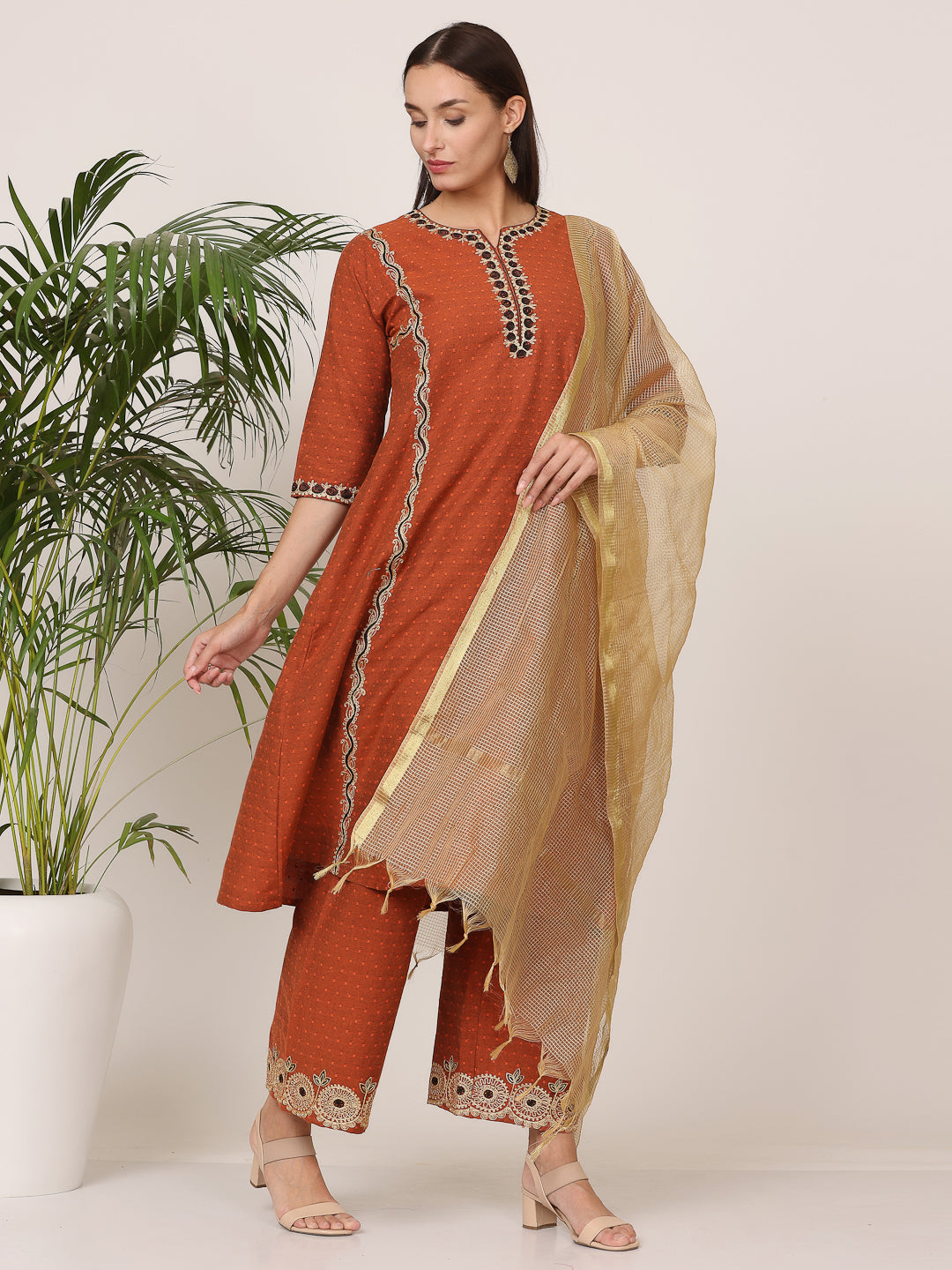 Kaanchie Nanggia Orange Pure Silk Embroidered Flayed Kurta Palazzo with Dupatta (Set of 3)