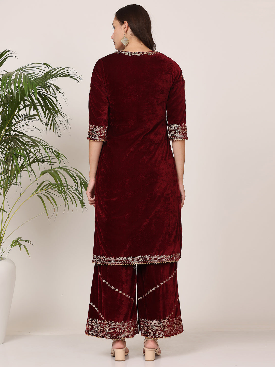Kaanchie Nanggia Maroon Velvet Embroidered Kurta Palazzo with Dupatta (Set of 3)