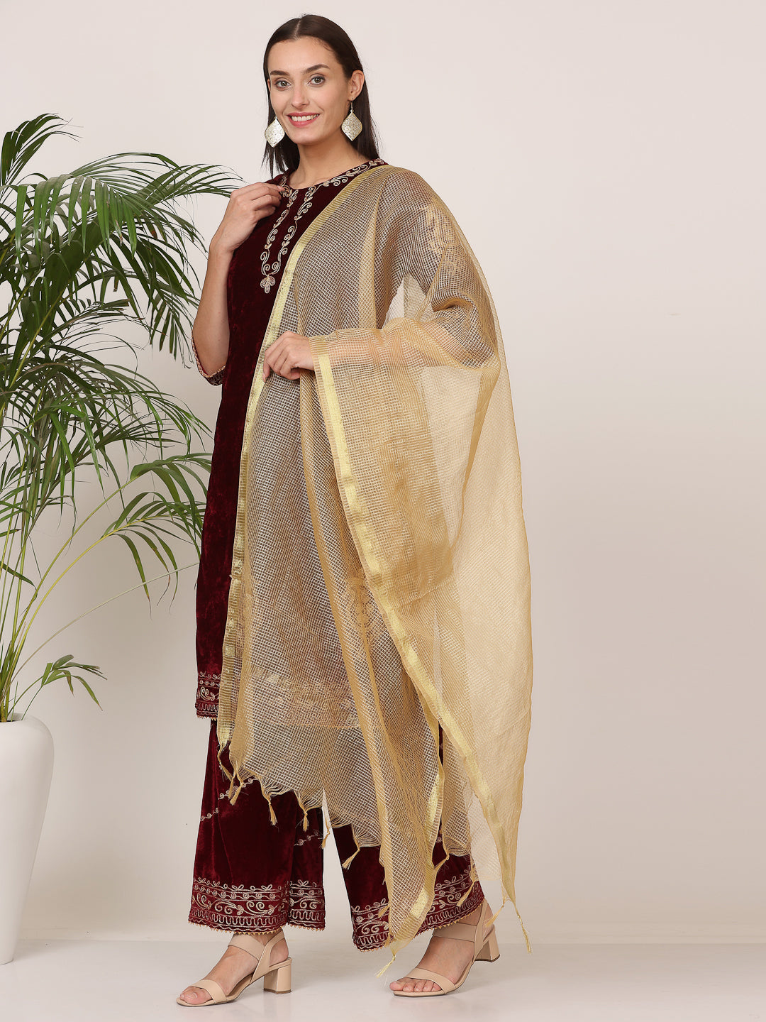 Kaanchie Nanggia Maroon Velvet Embroidered Kurta Palazzo with Dupatta (Set of 3)