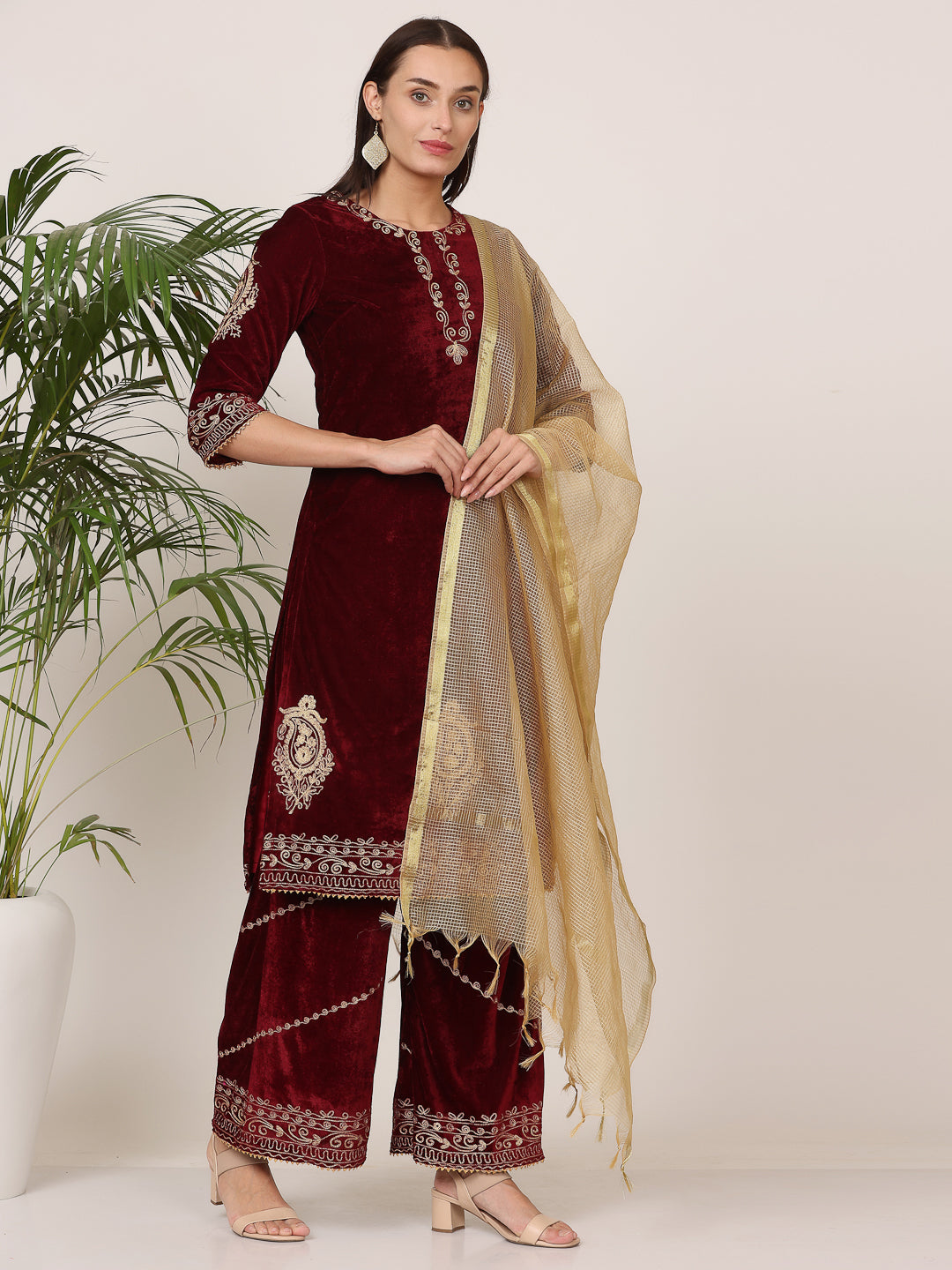 Kaanchie Nanggia Maroon Velvet Embroidered Kurta Palazzo with Dupatta (Set of 3)