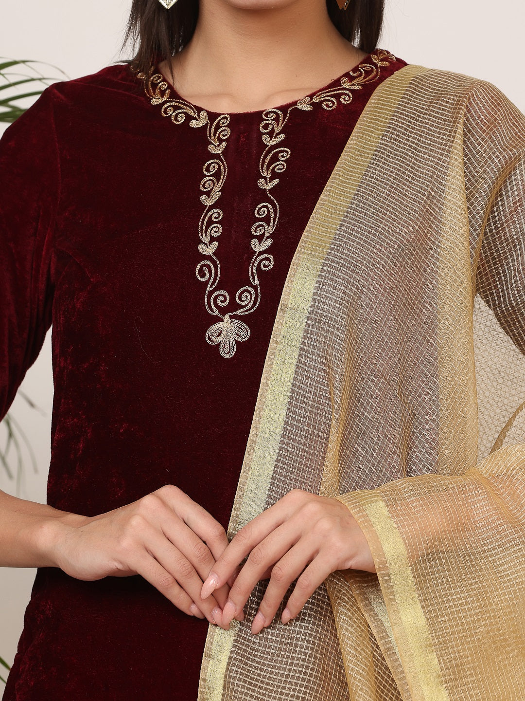 Kaanchie Nanggia Maroon Velvet Embroidered Kurta Palazzo with Dupatta (Set of 3)